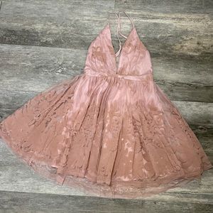 Mauve dress with cross cross back and gorgeous lace pattern